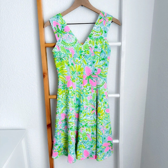 Lilly Pulitzer Dahlia Mini Dress Coconut Jungle V-neck Fit And Flare Green Pink - Picture 3 of 11